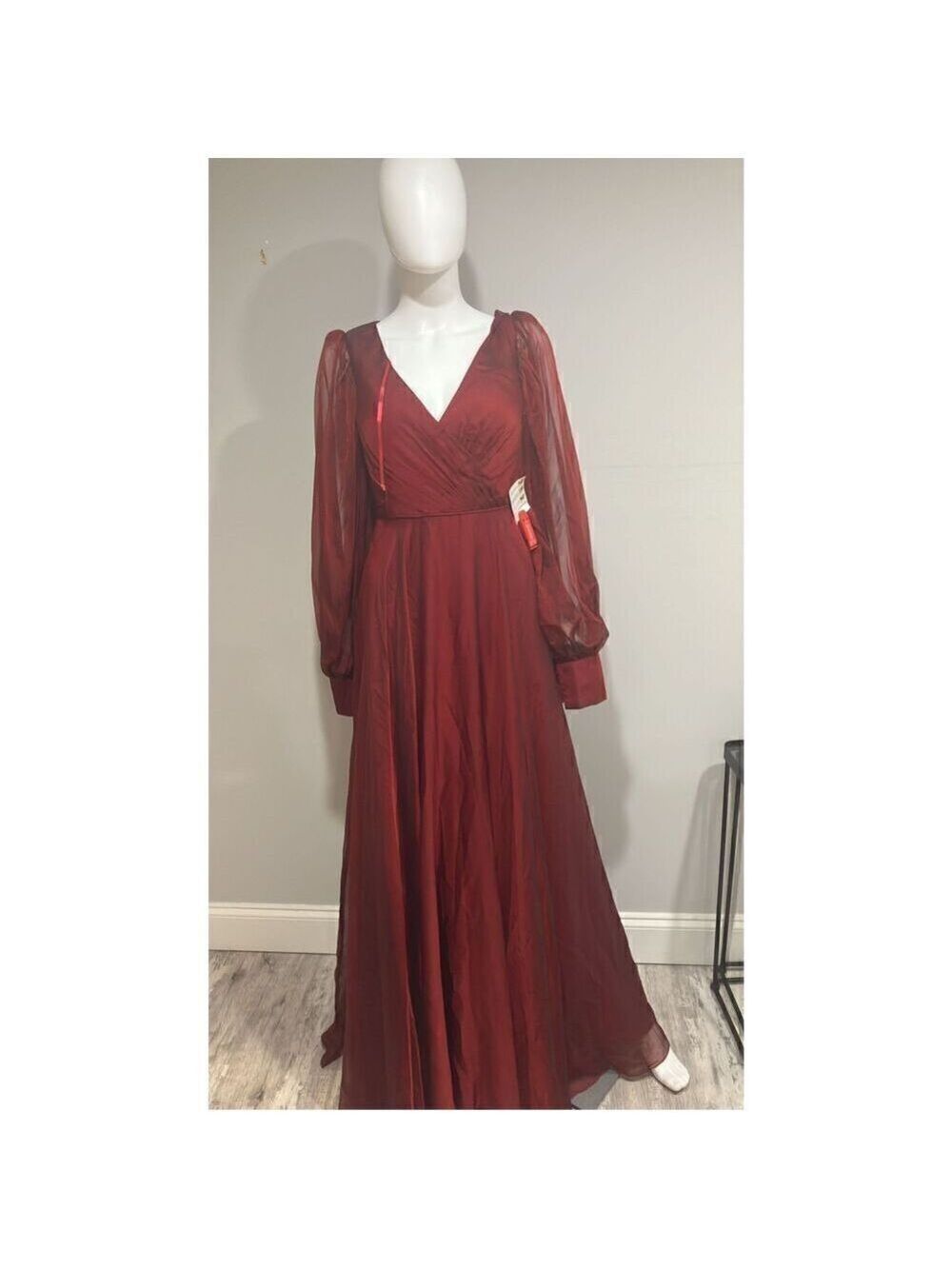 Mac Duggal Long Sleeve Modest Garnet Red Chiffon Evening Gown Size 4 - Picture 6 of 9